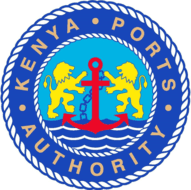 Kenya Ports Authority logo featuring two golden lions holding a red anchor over blue and white waves within a circular blue border.