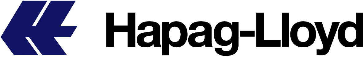 Hapag-Lloyd company logo with stylized blue double arrow symbol and black text.